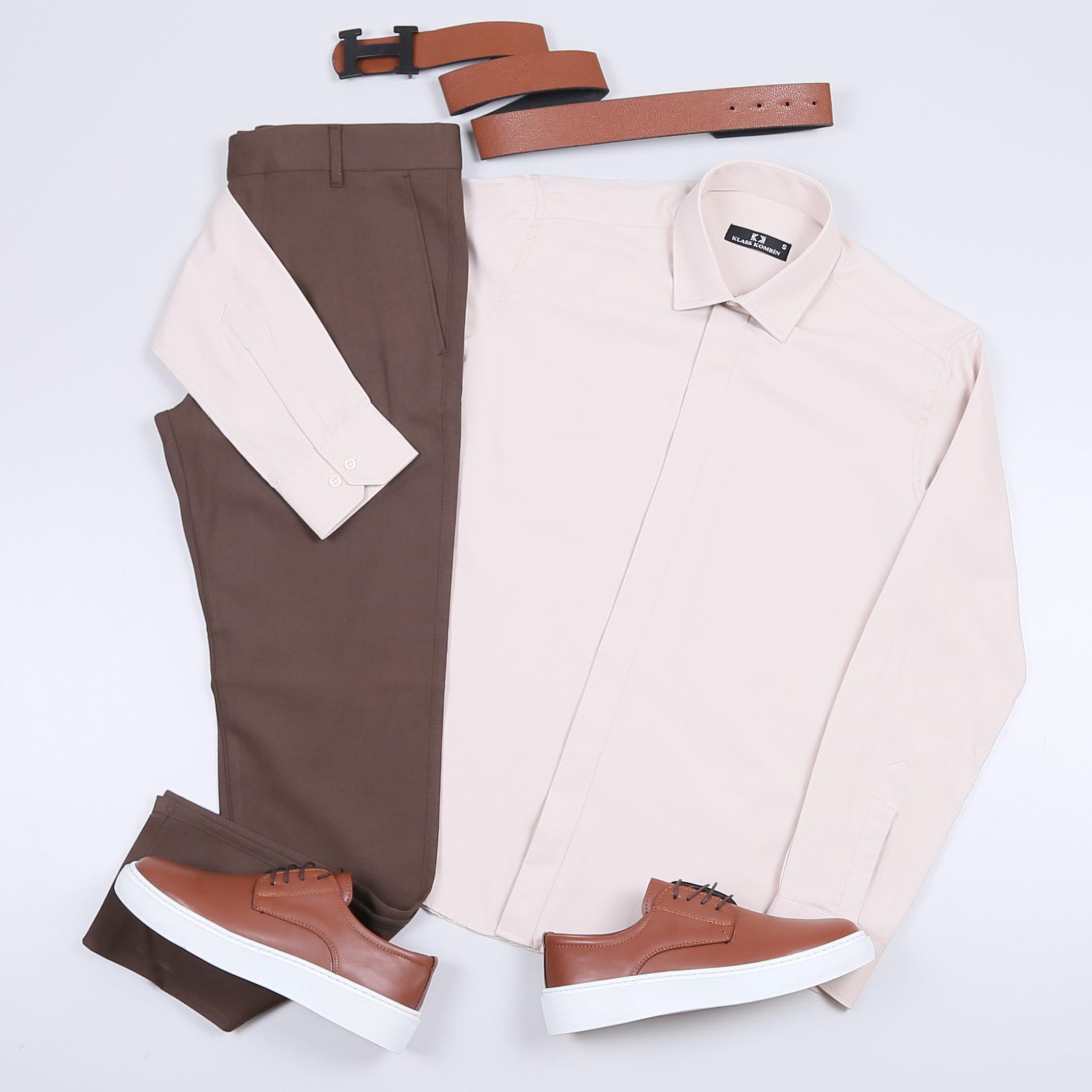 Bej Gömlek Kahve Pantolon Ayakkabı Kombin