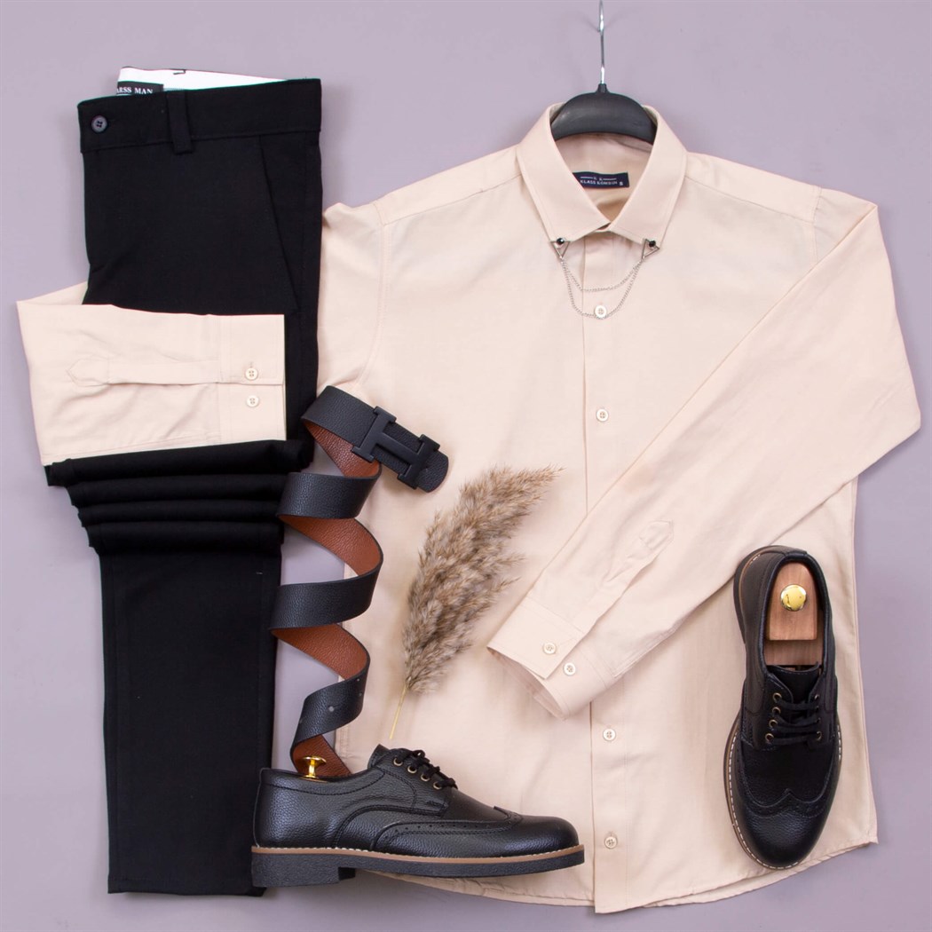 Bej Gömlek Kumaş Pantolon Ayakkabı Kombin