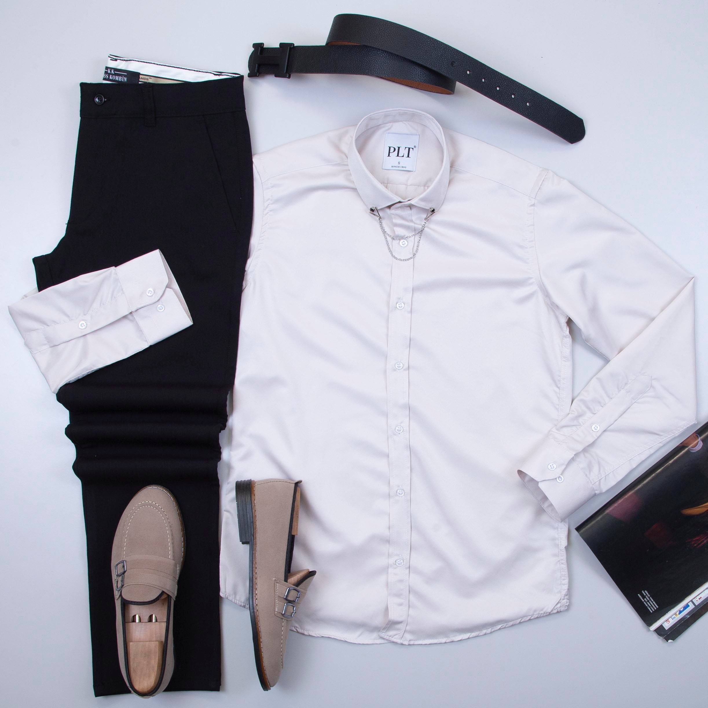 Bej Gömlek Siyah Pantolon Ayakkabı Kombin