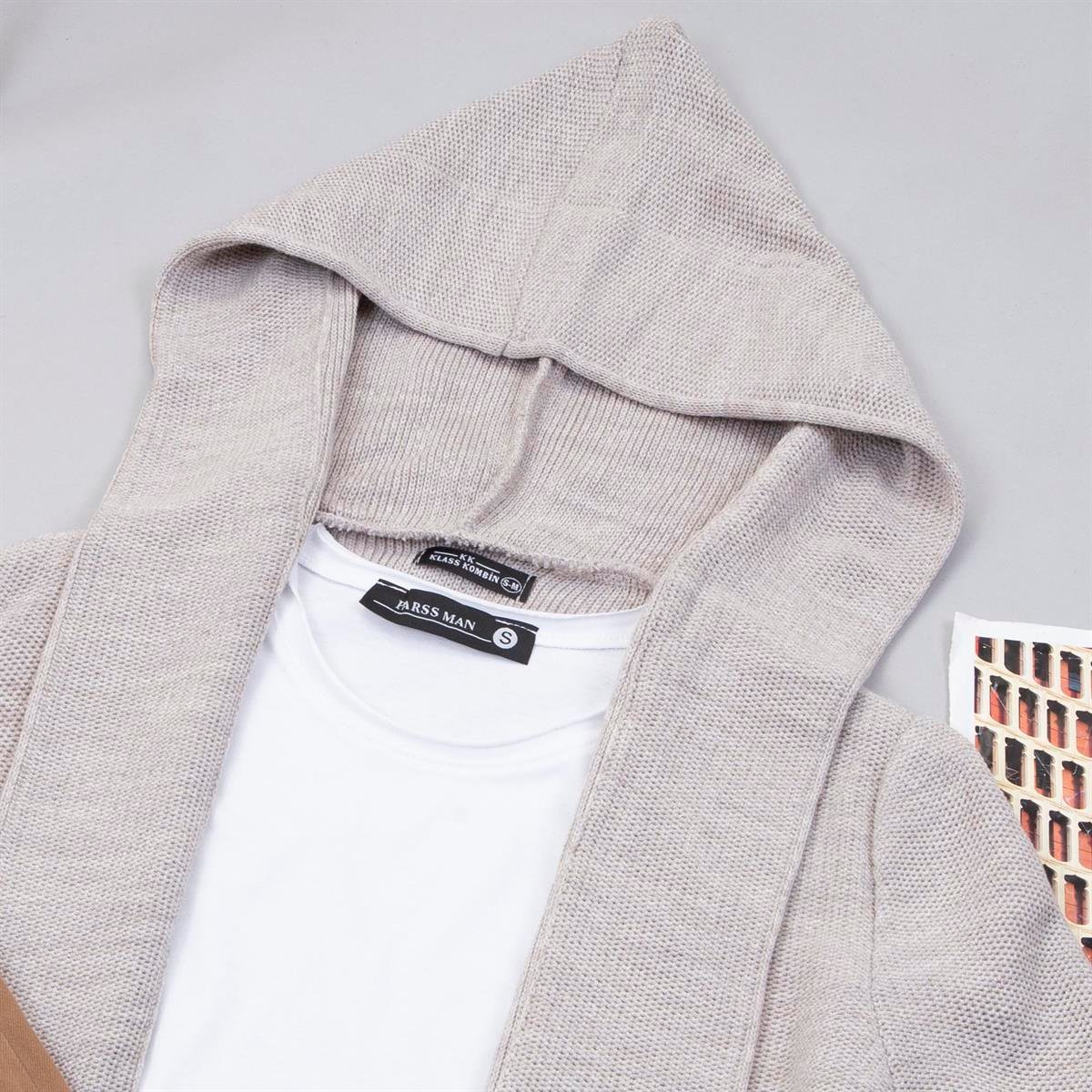 Bej Kapşonlu Hırka Tişört Pantolon Ayakkabı Kombin