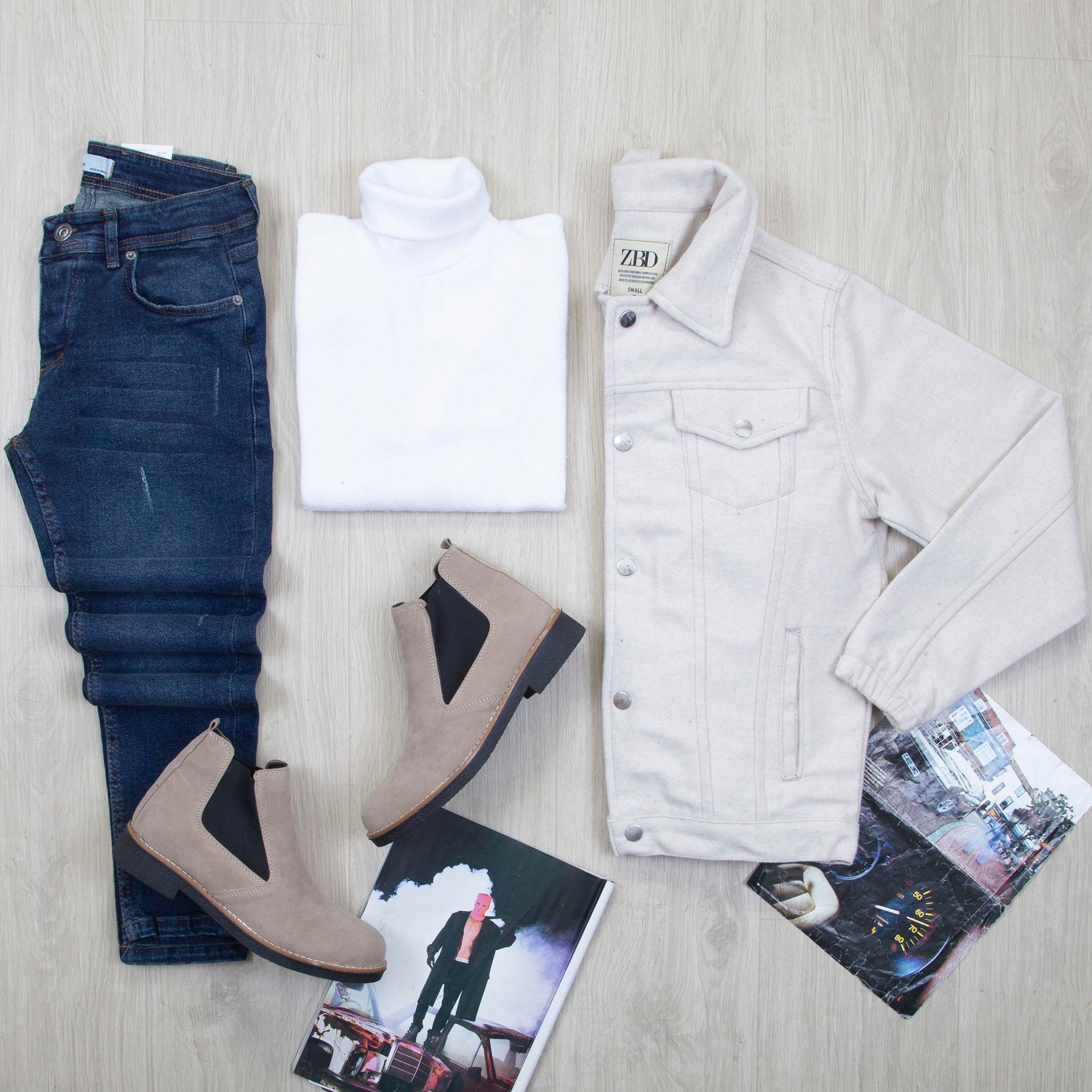 Bej Kaşe Ceket Boğazlı Body Pantolon Bot Kombin