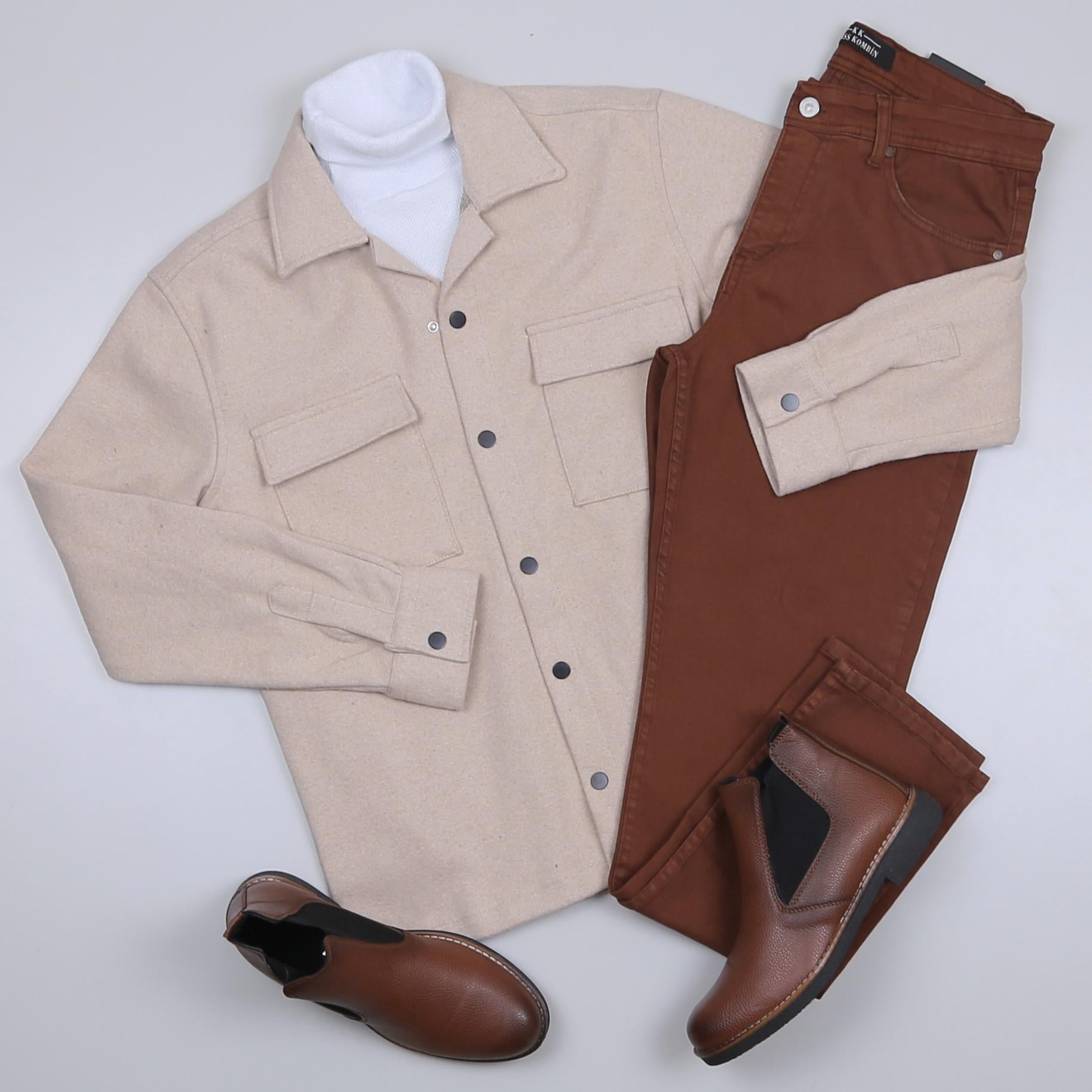 Bej Kaşe Gömlek Boğazlı Body Pantolon Bot Kombin