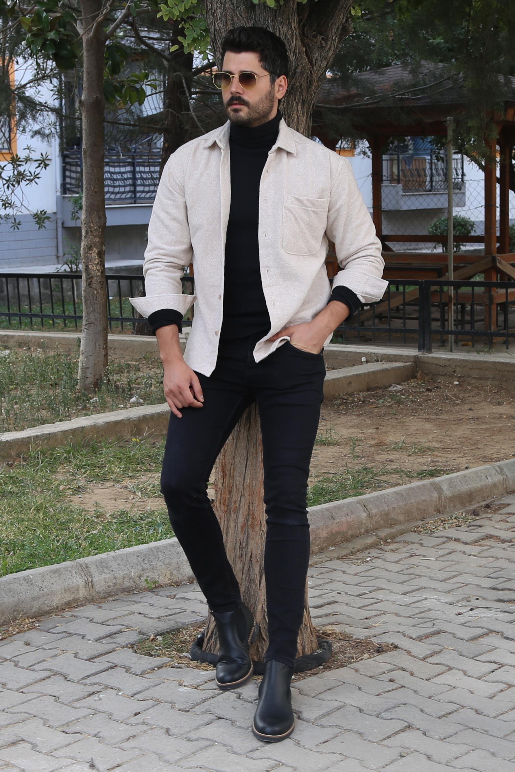 Bej Kaşe Gömlek Boğazlı Body Pantolon Bot Kombin