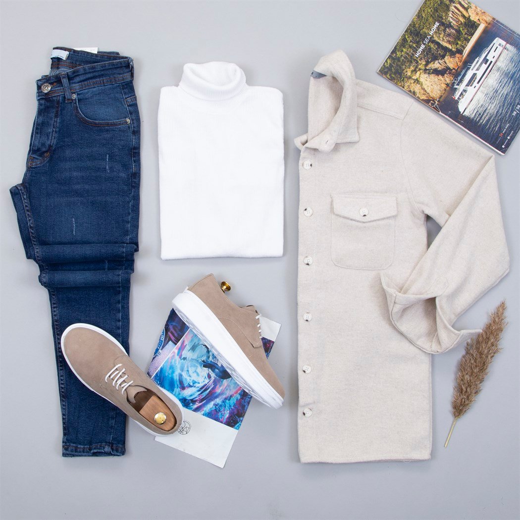 Bej Kaşe Gömlek Boğazlı Kazak Pantolon Ayakkabı Kombin