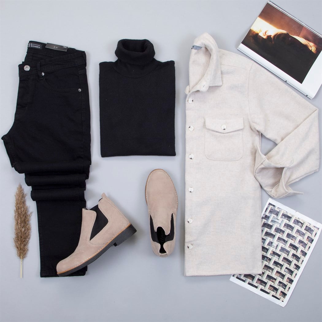 Bej Kaşe Gömlek Boğazlı Kazak Pantolon Bot Kombin