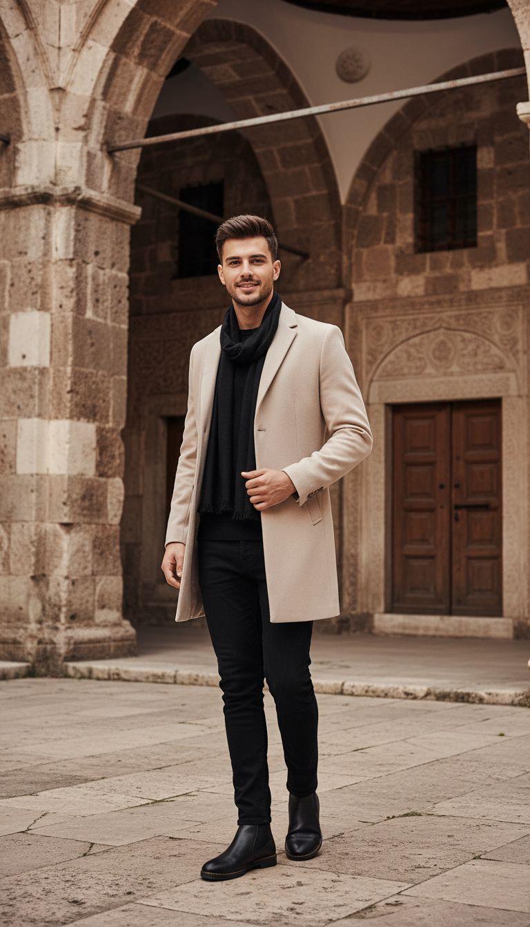 Bej Kaşe Kaban Boğazlı Body Kot Pantolon Bot Kombini