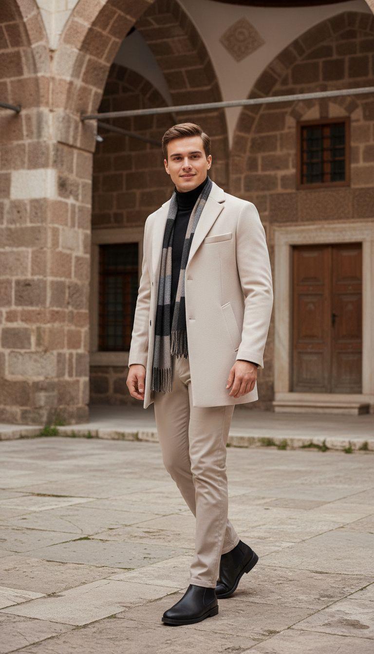 Bej Kaşe Kaban Boğazlı Body Kot Pantolon Bot Kombini