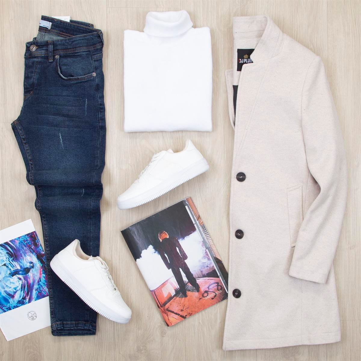 Bej Kaşe Kaban Boğazlı Body Pantolon Ayakkabı Kombin