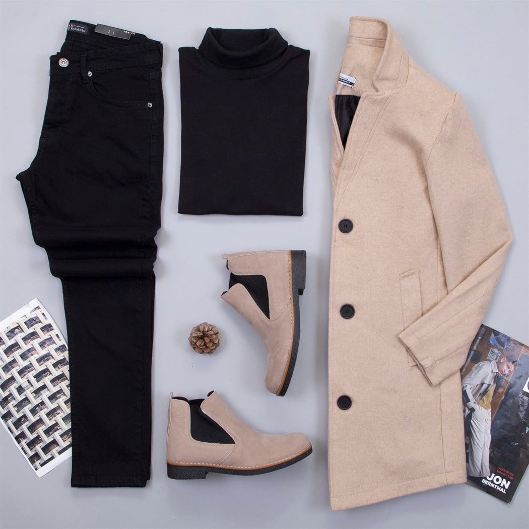 Bej Kaşe Kaban Boğazlı Kazak Pantolon Bot Kombin