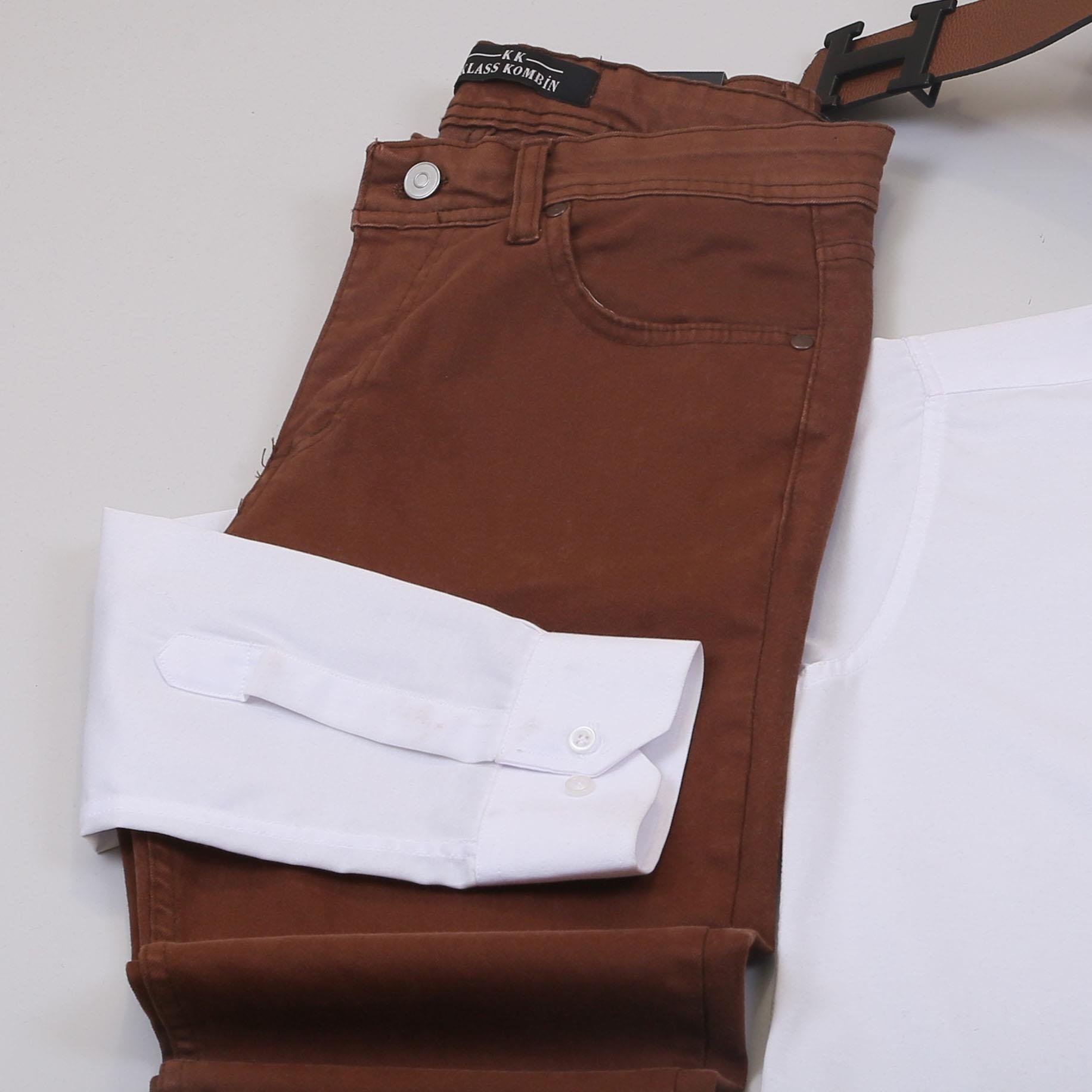 Bej Kaşe Kaban Gömlek Pantolon Ayakkabı Kombin