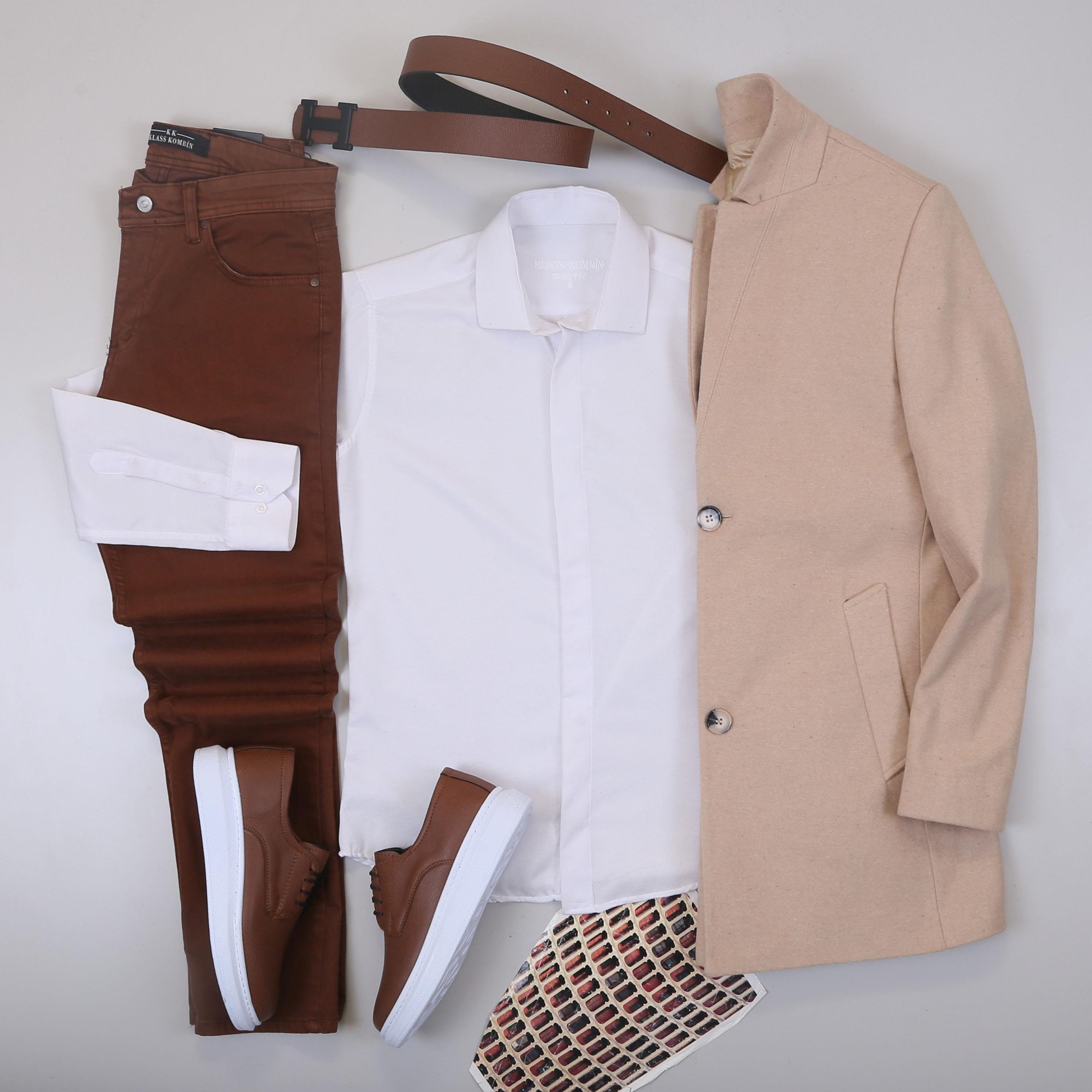 Bej Kaşe Kaban Gömlek Pantolon Ayakkabı Kombin