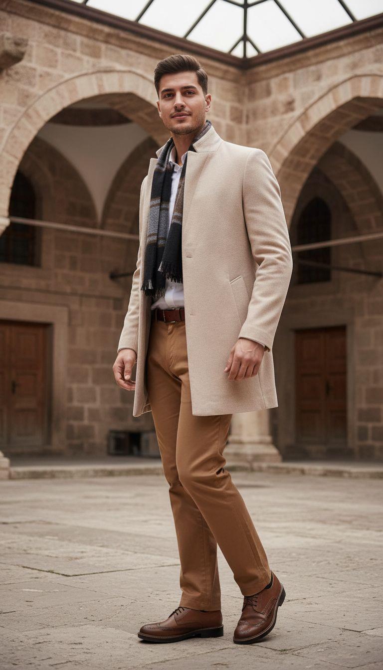 Bej Kaşe Kaban Gömlek Pantolon Ayakkabı Kombin