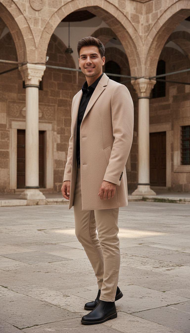 Bej Kaşe Kaban Gömlek Pantolon Bot Kombin