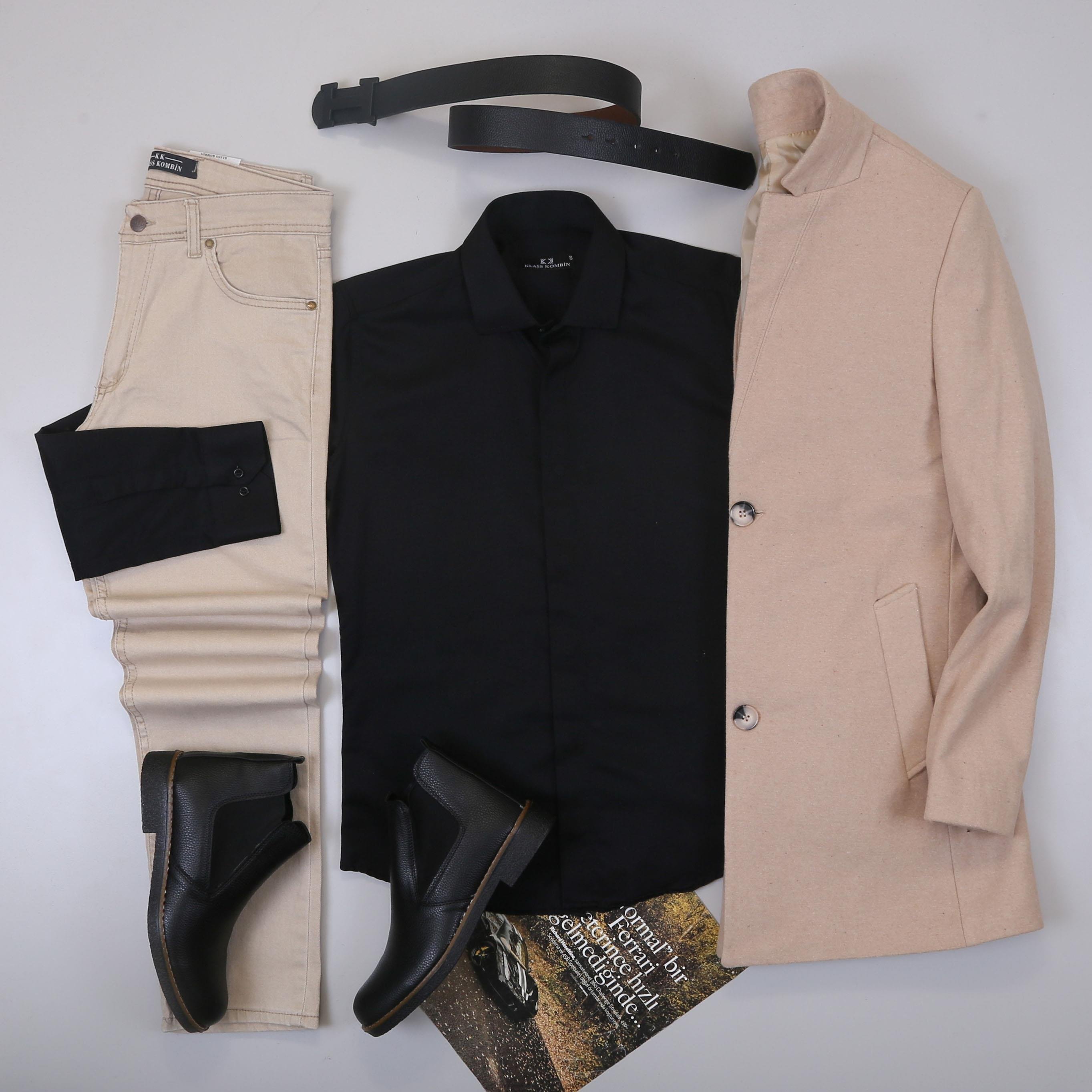 Bej Kaşe Kaban Gömlek Pantolon Bot Kombin