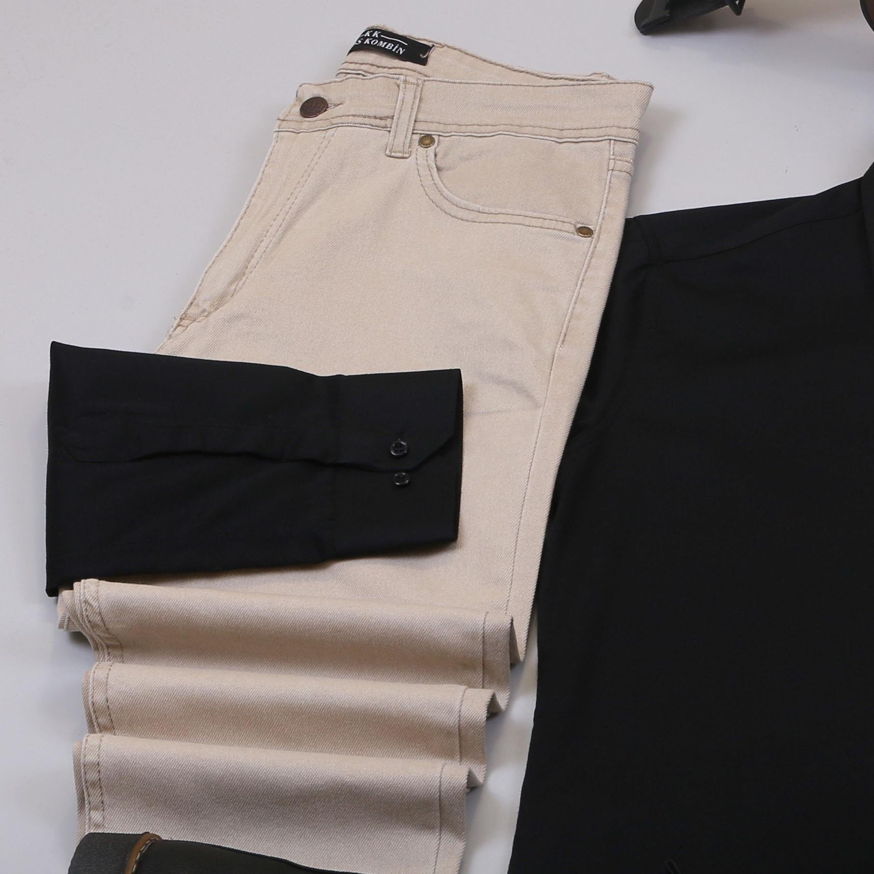 Bej Kaşe Kaban Gömlek Pantolon Bot Kombin