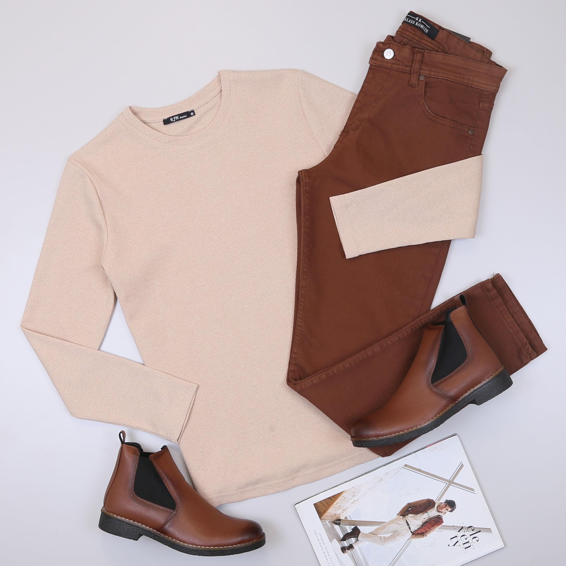 Bej Kazak Pantolon Bot Kombin