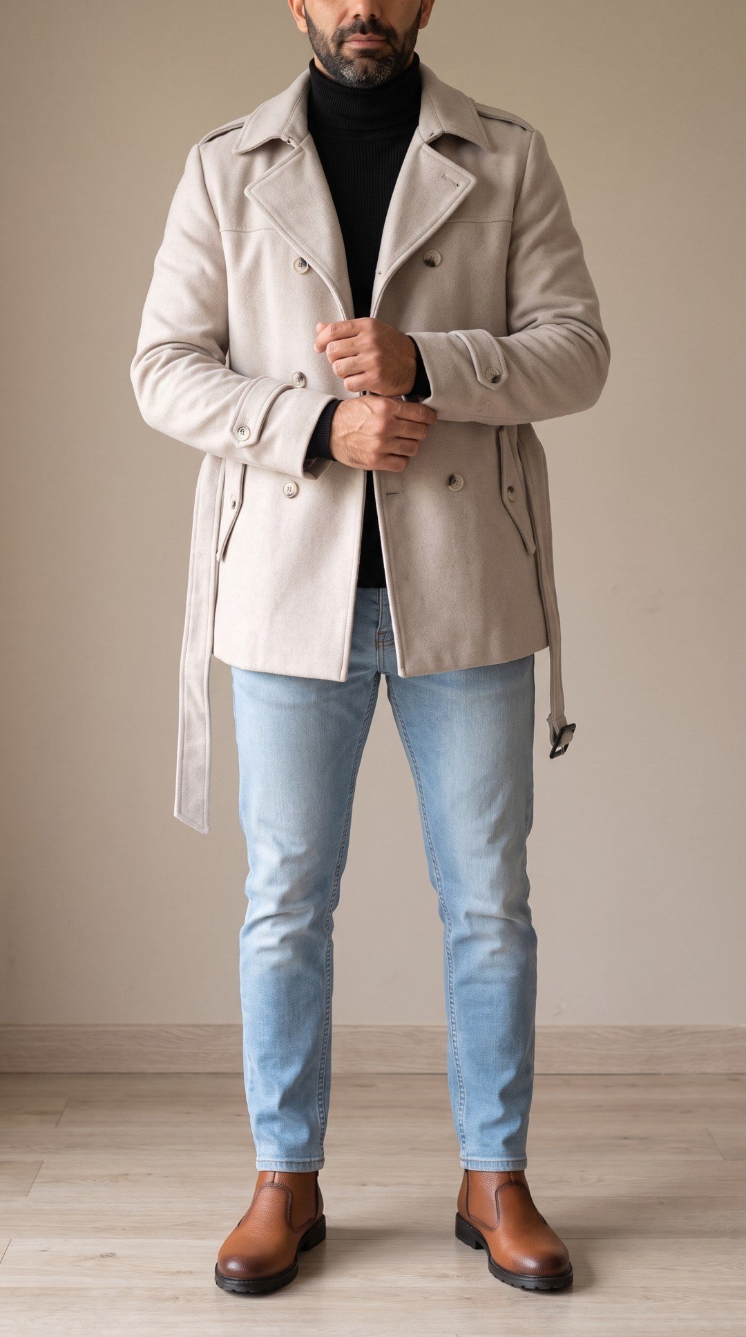 Bej Kemerli Kısa Kaşe Kaban Siyah Boğazlı Body Açık Mavi Kot Pantolon Taba Bot Kombini