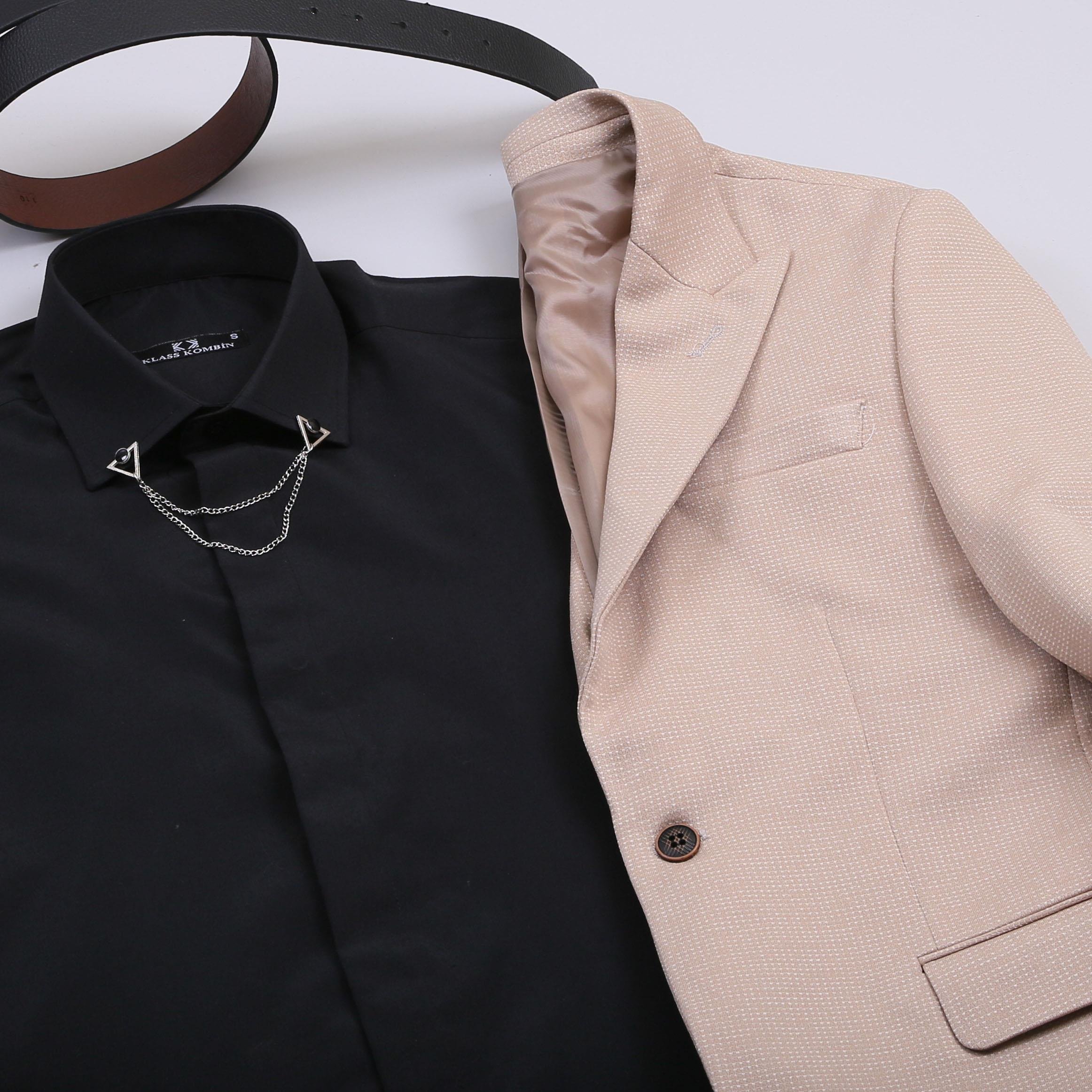 Bej Kırçıllı Blazer Ceket Gömlek Pantolon Ayakkabı Kombin