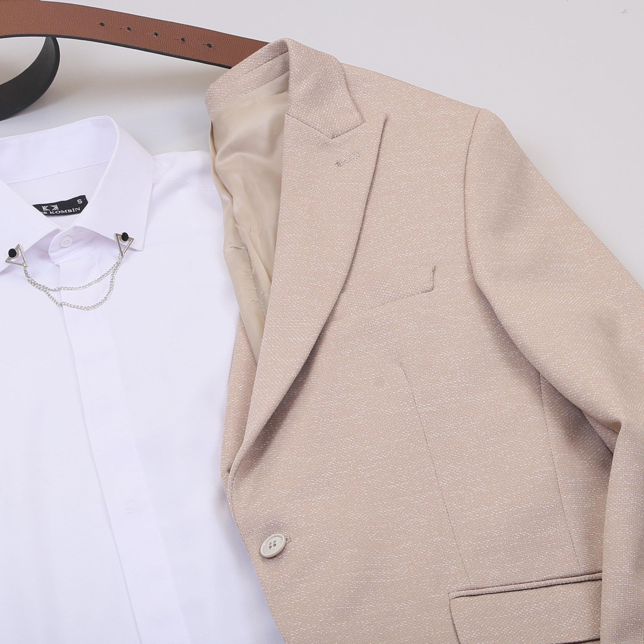 Bej Kırçıllı Blazer Ceket Gömlek Pantolon Ayakkabı Kombin