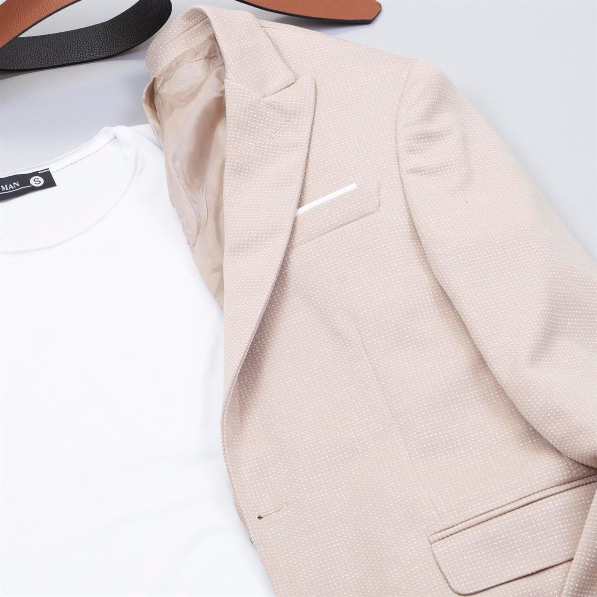 Bej Kırçıllı Blazer Ceket Gömlek Pantolon Ayakkabı Kombin