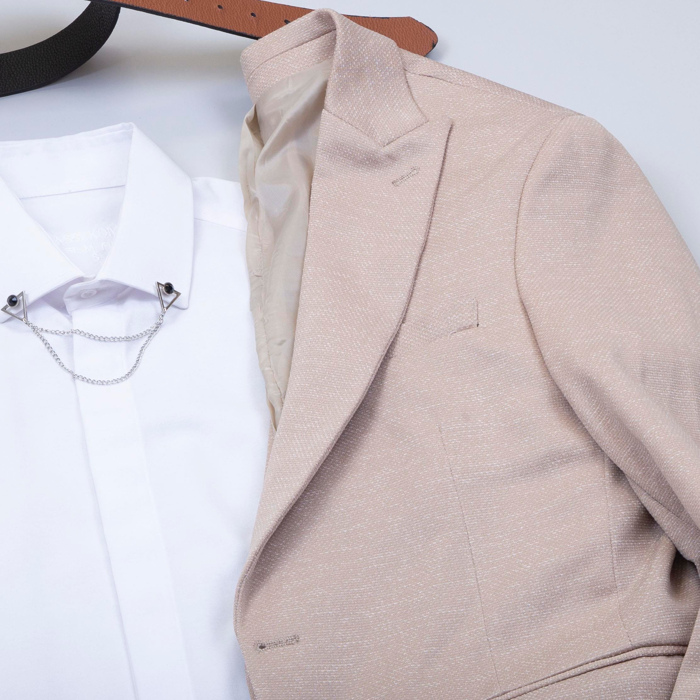 Bej Kırçıllı  Blazer Ceket Gömlek Pantolon Ayakkabı Kombin