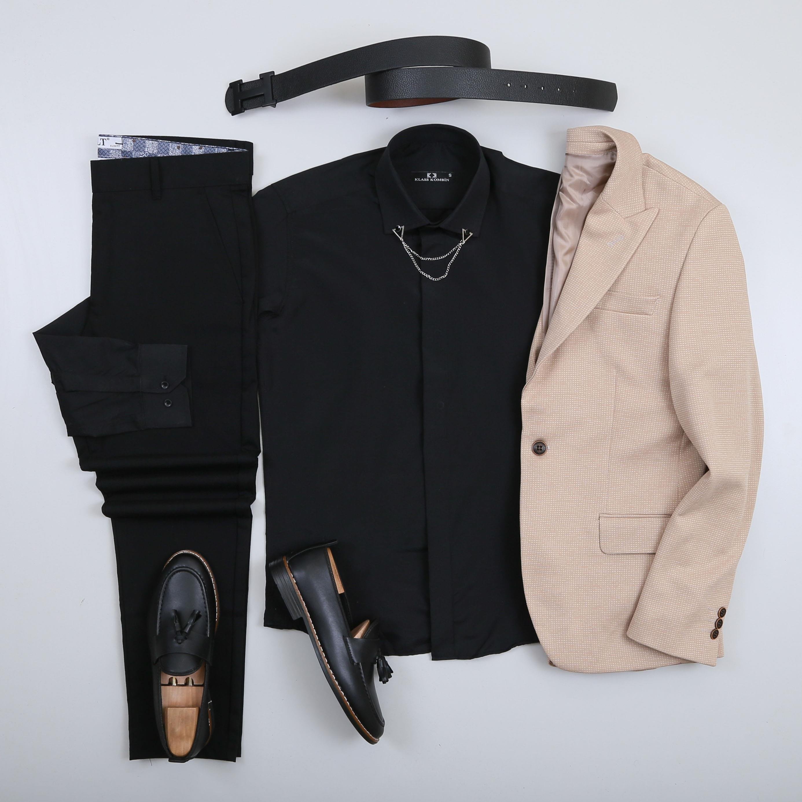 Bej Kırçıllı Blazer Ceket Gömlek Pantolon Ayakkabı Kombin