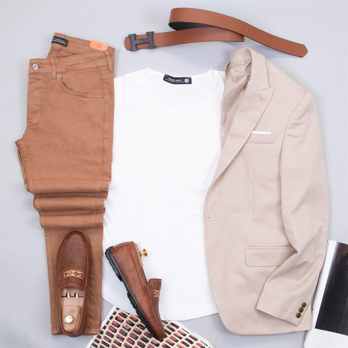 Bej Kırçıllı Blazer Ceket Gömlek Pantolon Ayakkabı Kombin