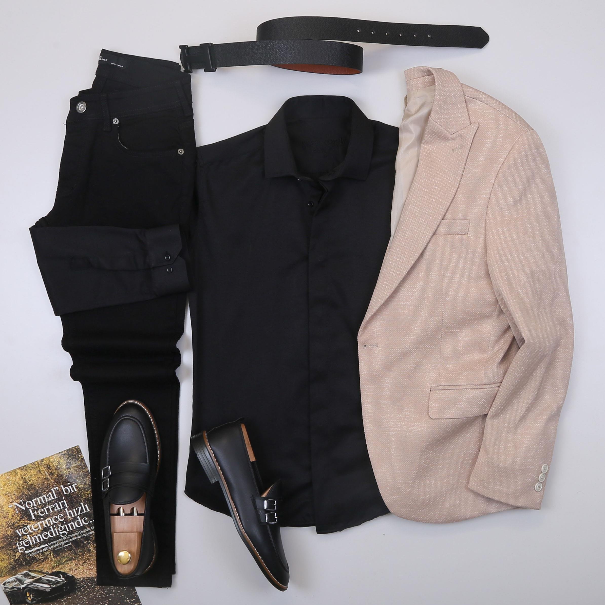 Bej Kırçıllı  Blazer Ceket Gömlek Pantolon Ayakkabı Kombin