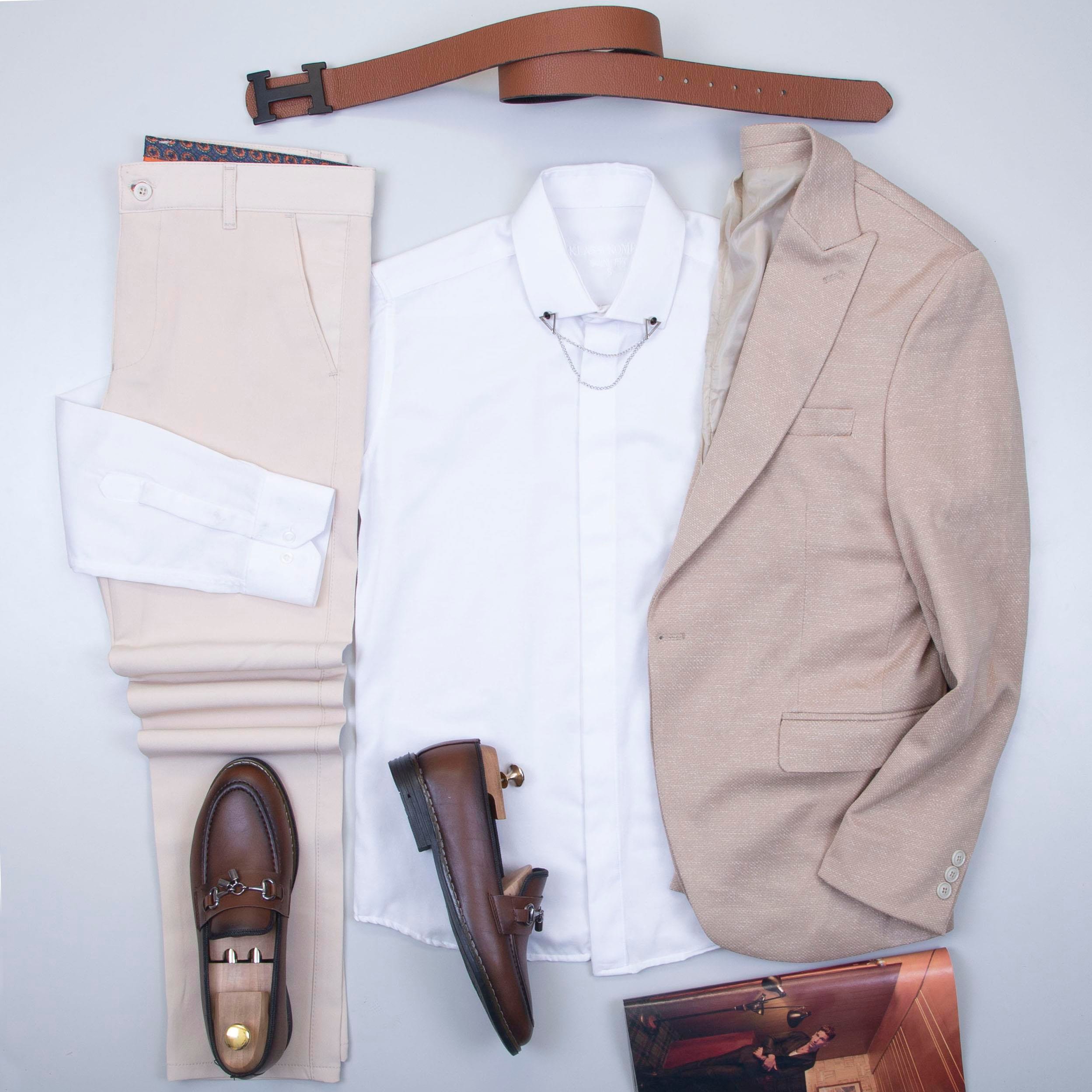 Bej Kırçıllı  Blazer Ceket Gömlek Pantolon Ayakkabı Kombin