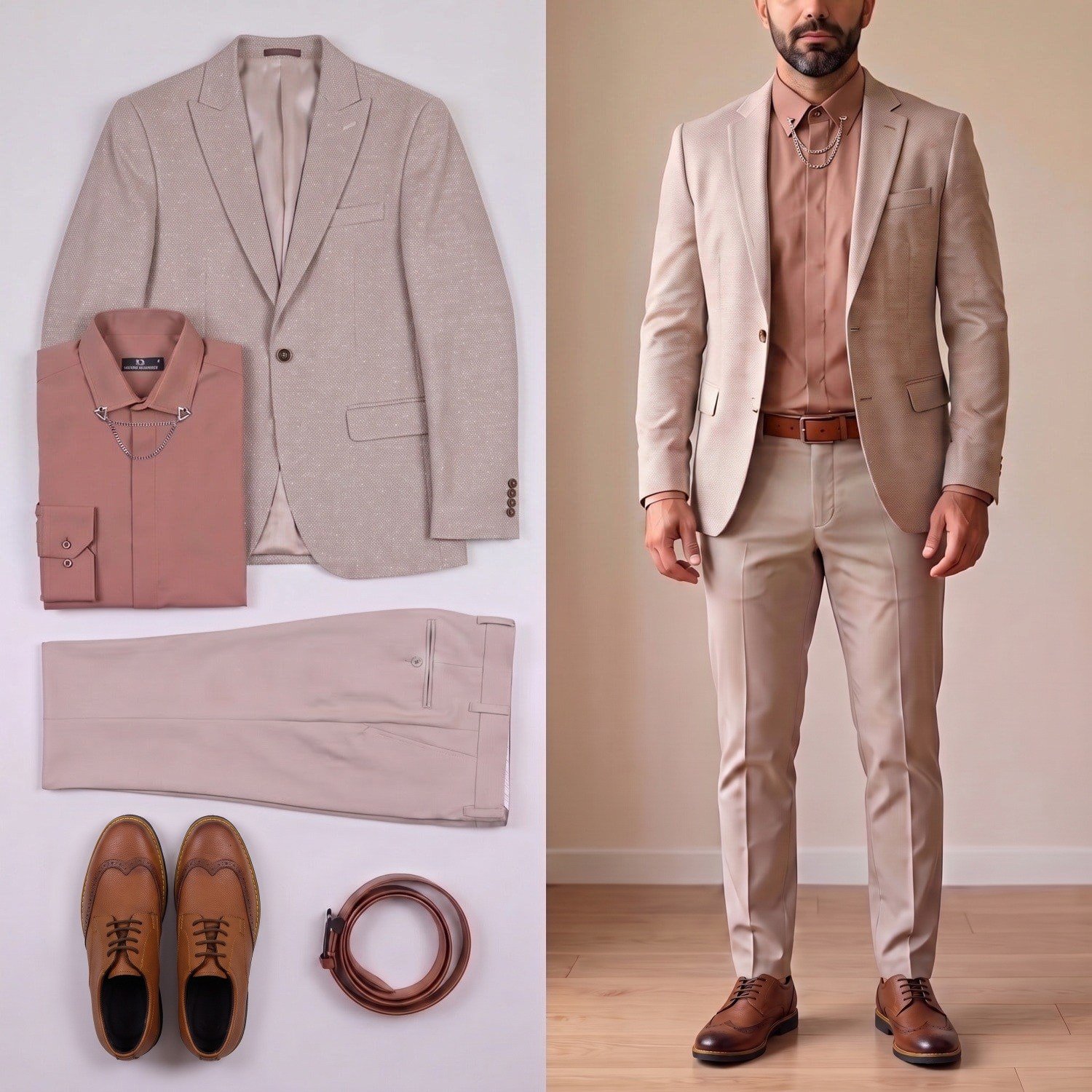 Bej Kırçıllı Blazer Ceket Kombini Erkek | Slim Fit Şık Komple Set 
