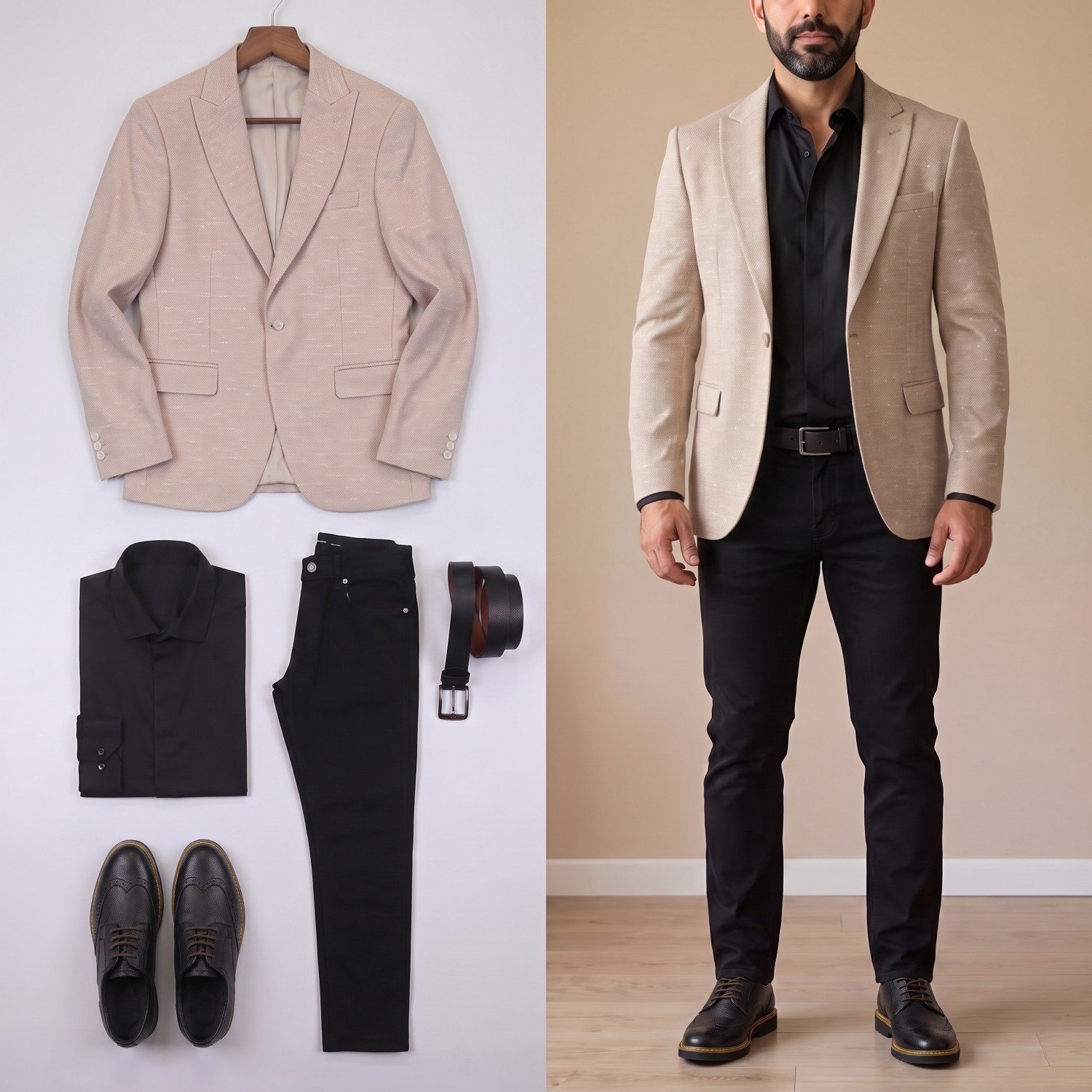 Bej Kırçıllı  Blazer Ceket Gömlek Pantolon Ayakkabı Kombin