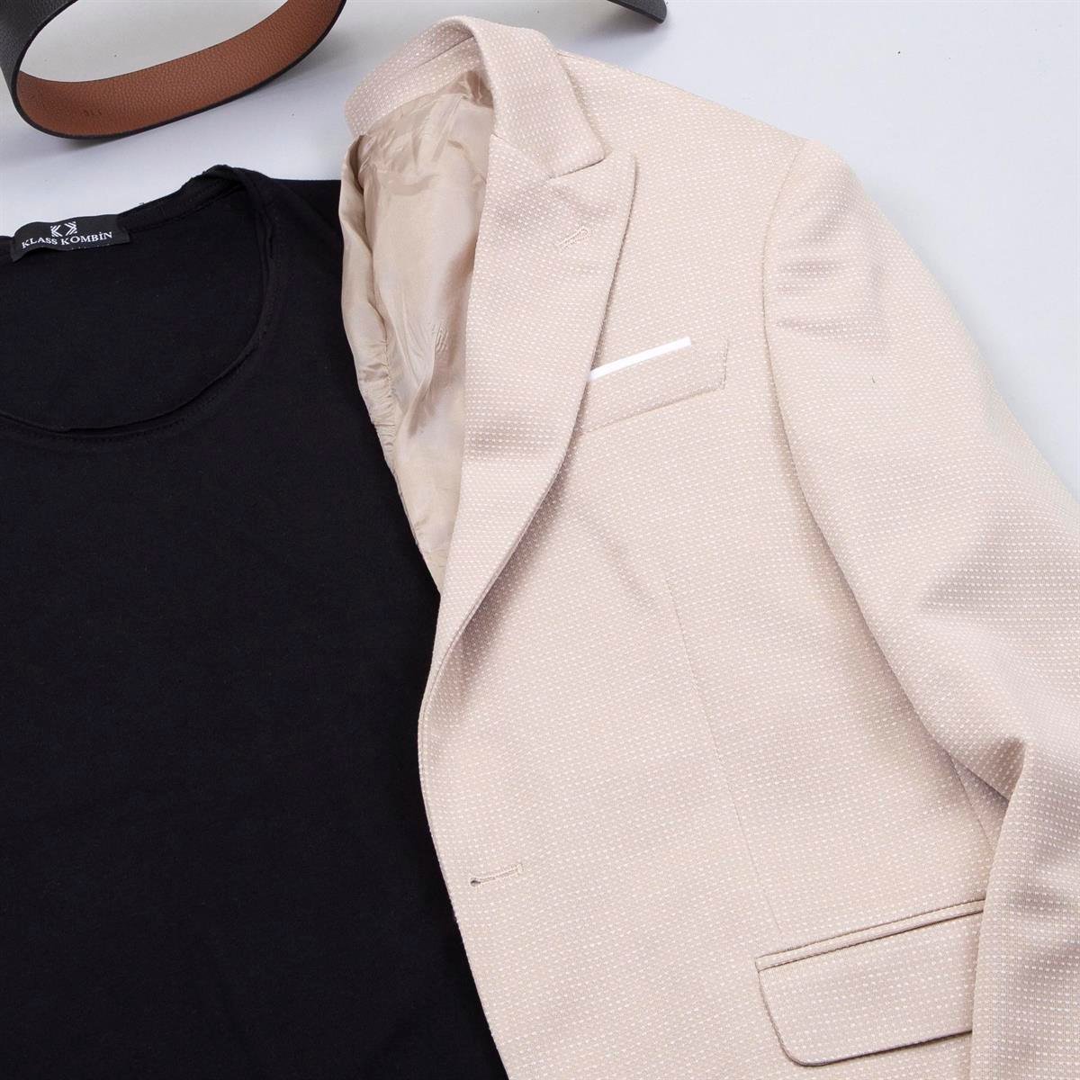 Bej Kırçıllı Blazer Ceket Tişört Pantolon Ayakkabı Kombin