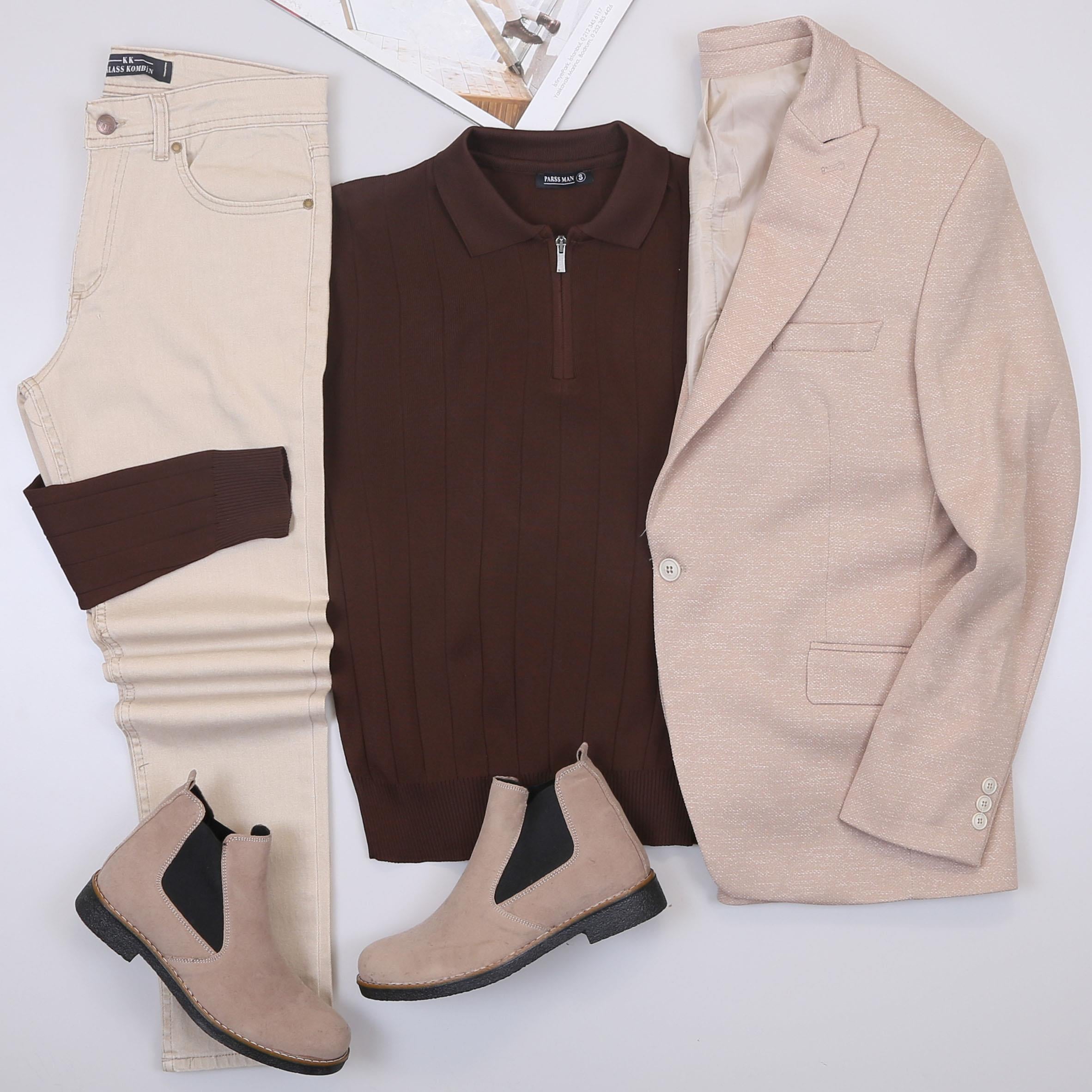 Bej Kırçıllı Blazer Ceket Triko Kazak Pantolon Bot Kombin