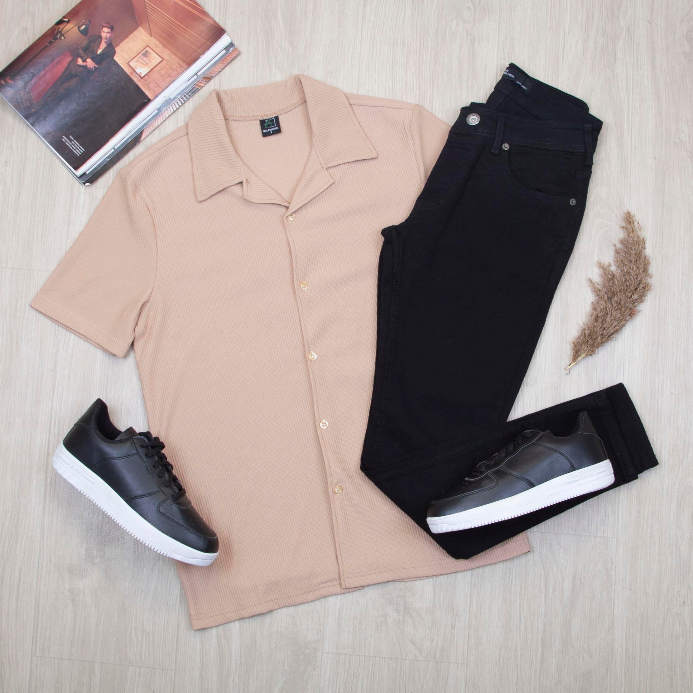 Bej Kısa Kol Gömlek Pantolon Ayakkabı Kombin