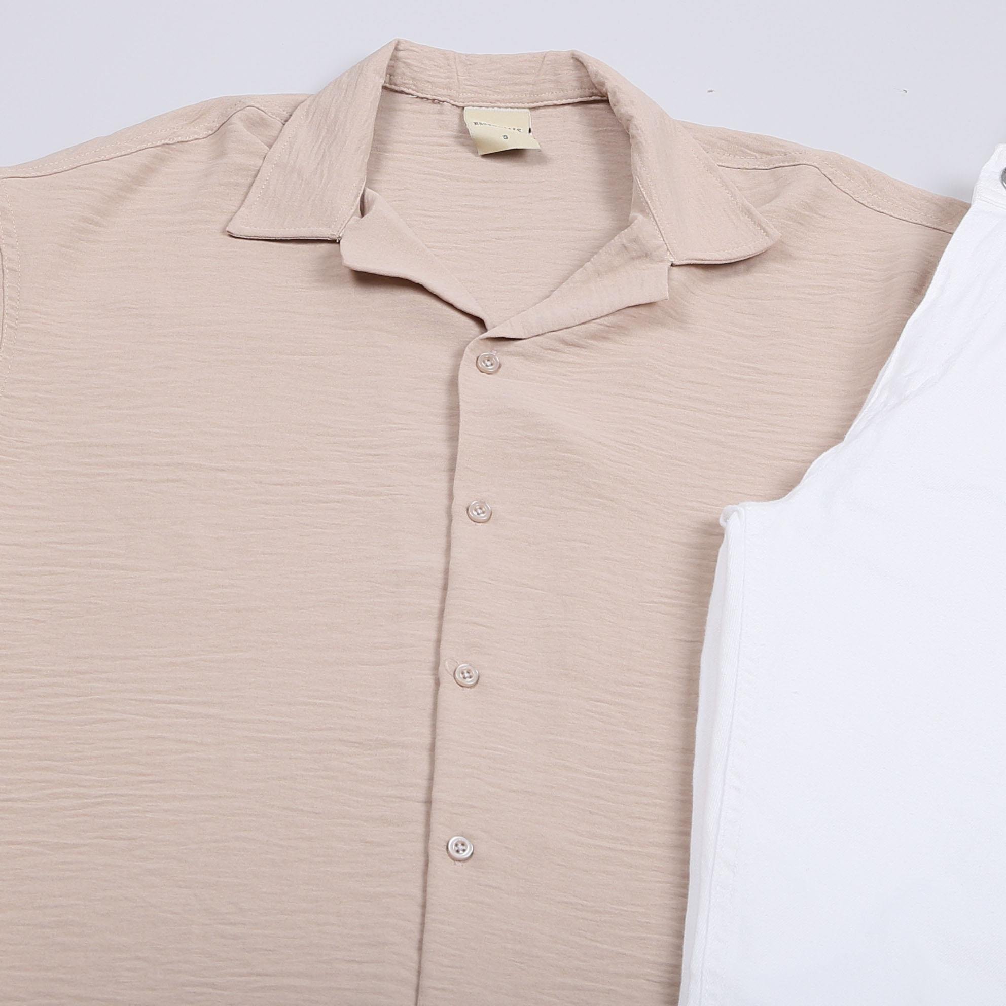 Bej Kısa Kol Gömlek Pantolon Ayakkabı Kombin