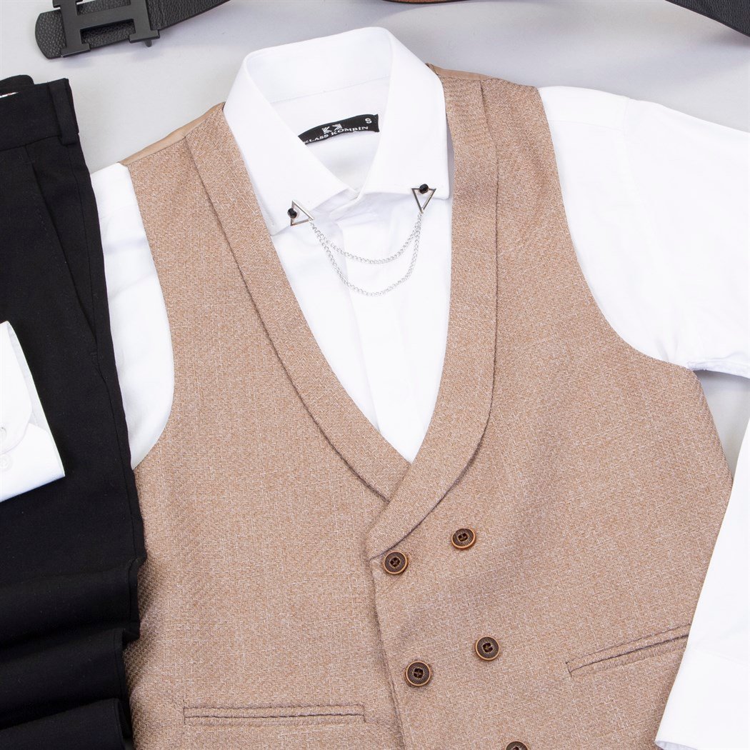 Bej Klasik Yelek Gömlek Pantolon Ayakkabı Kombin