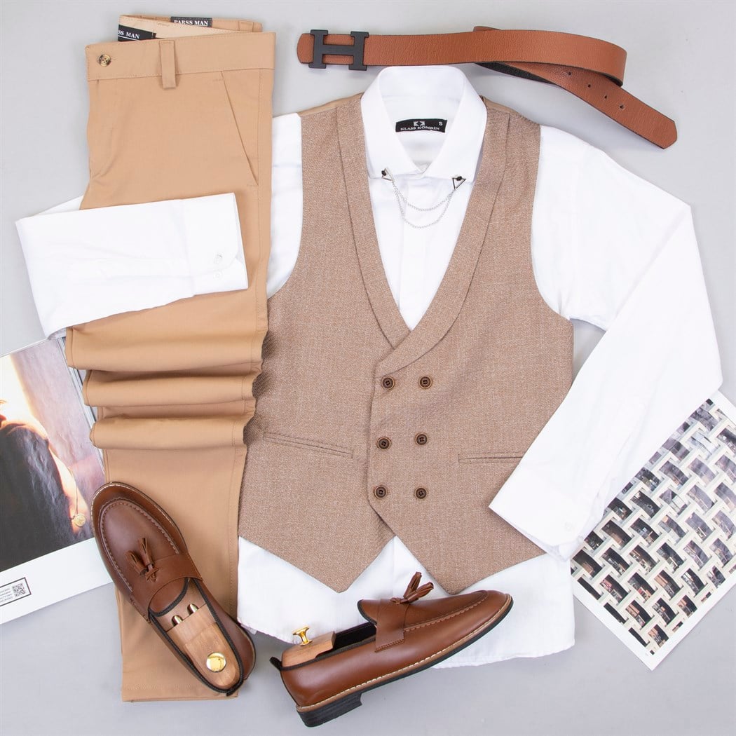 Bej Klasik Yelek Gömlek Pantolon Ayakkabı Kombin