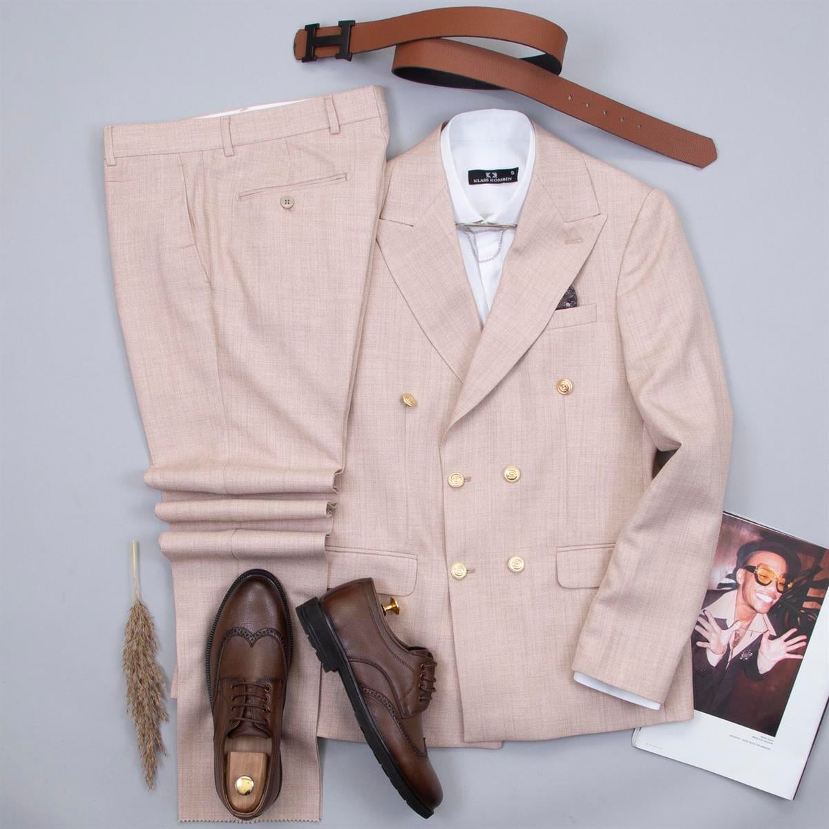 Bej Kruvaze Takım Elbise Kombini