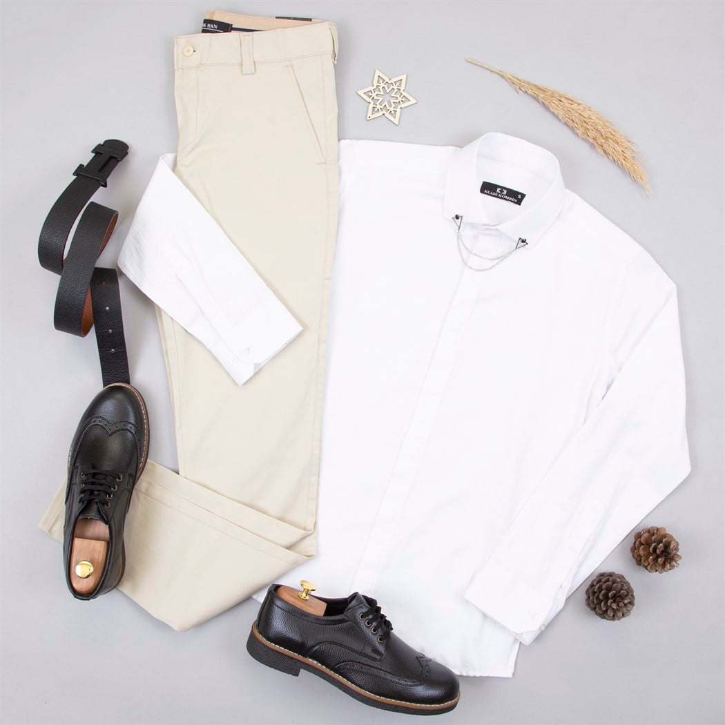 Bej Kumaş Pantolon Gömlek Ayakkabı Kombin