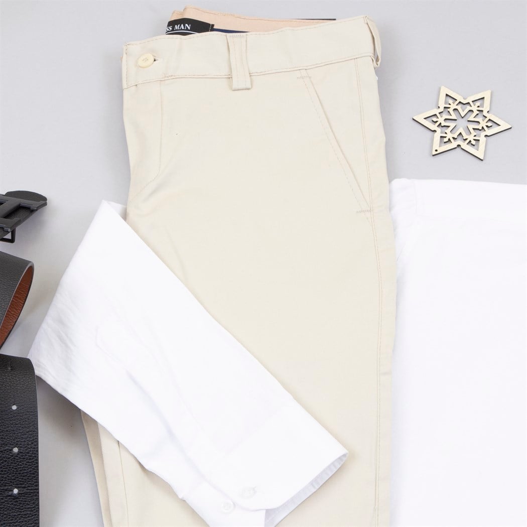 Bej Kumaş Pantolon Gömlek Ayakkabı Kombin