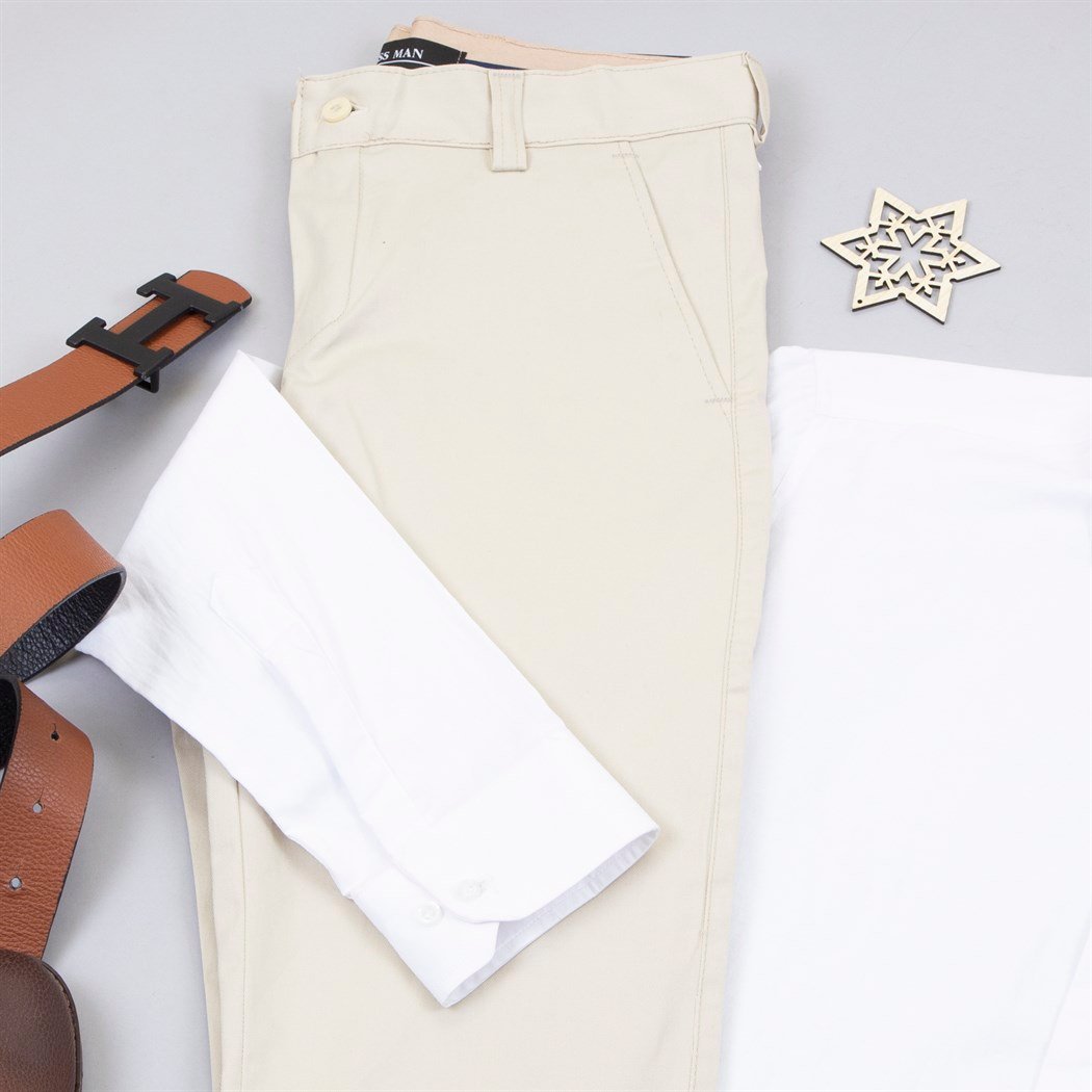 Bej Kumaş Pantolon Gömlek Ayakkabı Kombin