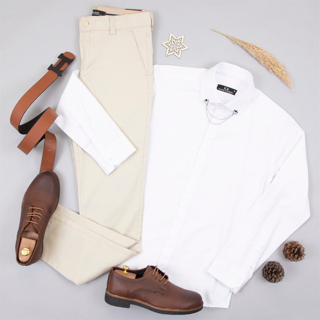 Bej Kumaş Pantolon Gömlek Ayakkabı Kombin