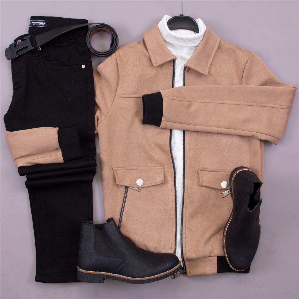 Bej Nubuk Ceket Kazak Pantolon Bot Kombin