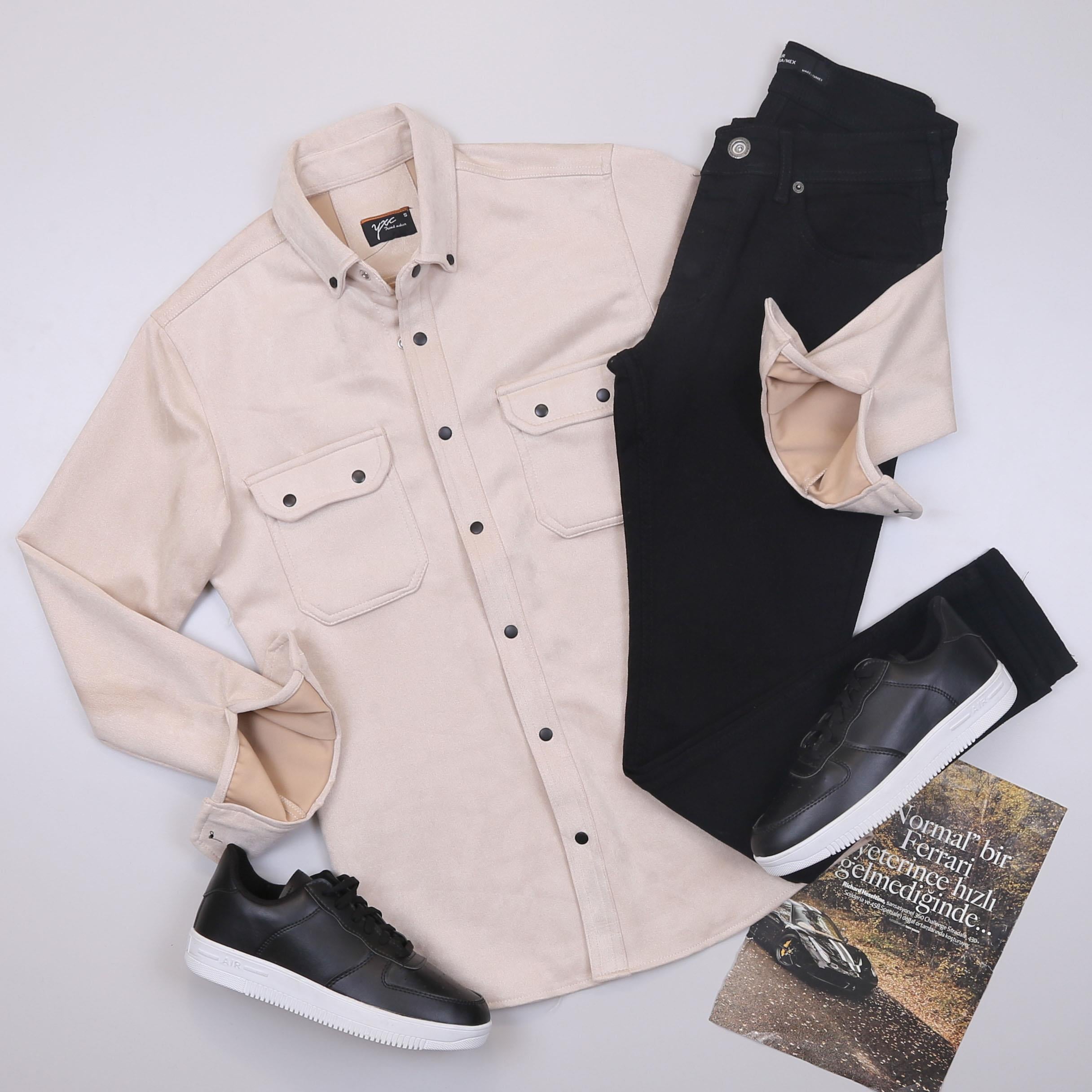 Bej Nubuk Gömlek Pantolon Ayakkabı Kombin