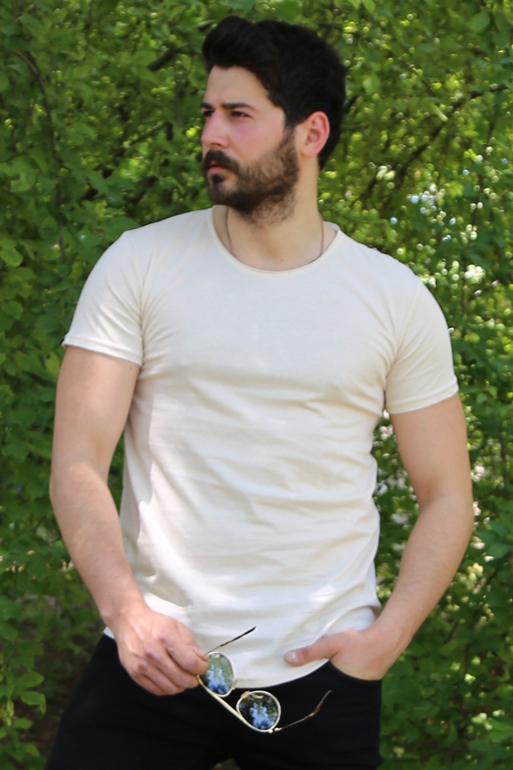 Bej Oval Kesim Basic Tshirt