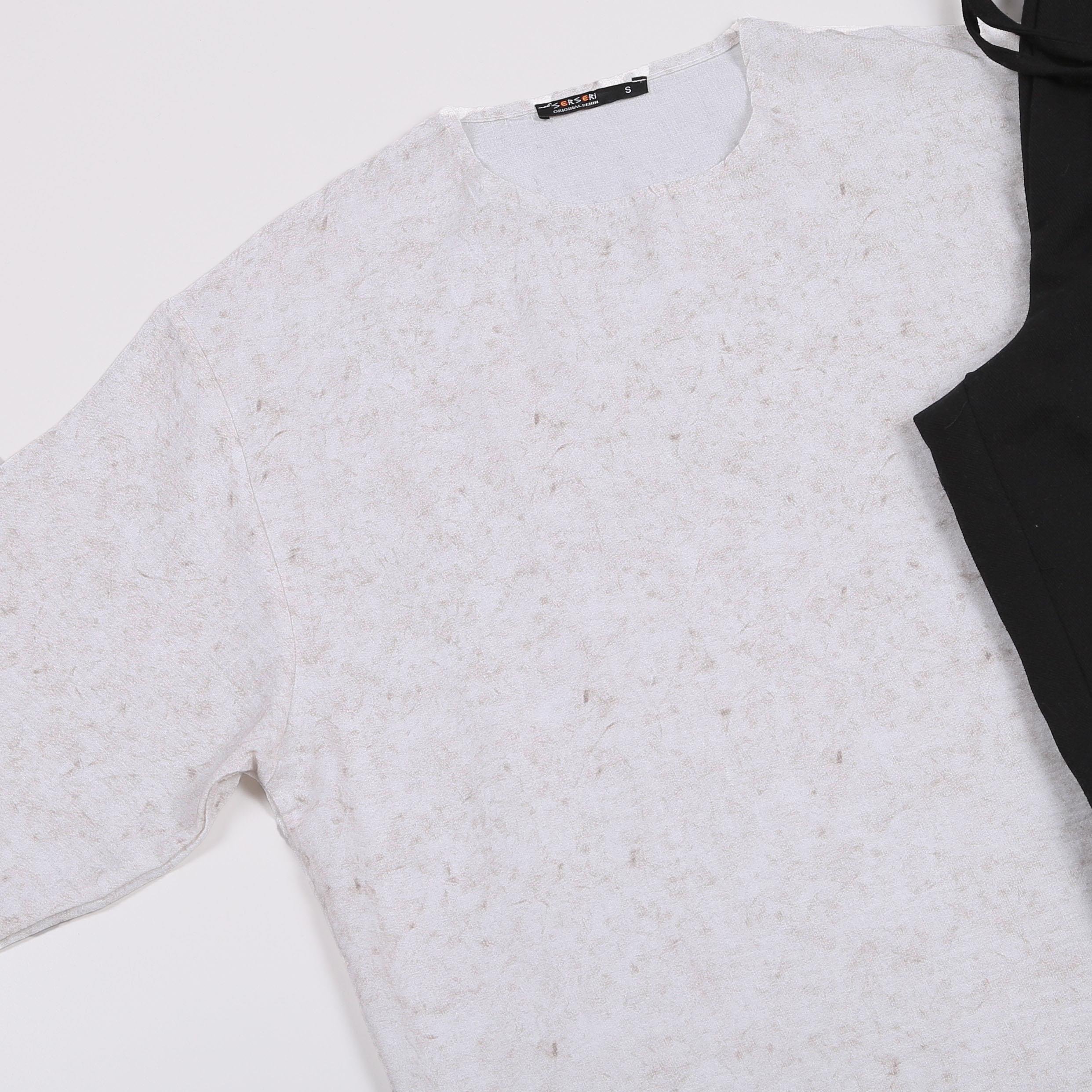 Bej Oversize Desenli Fakir Kol Tişört Keten Pantolon Ayakkabı Kombin