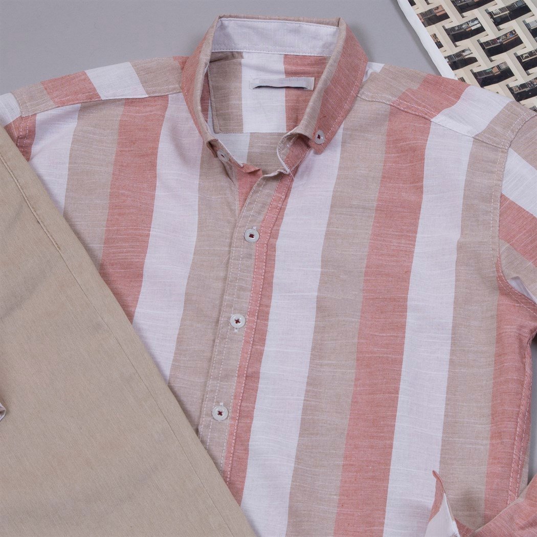 Bej Çizgili Gömlek Pantolon Ayakkabı Kombin