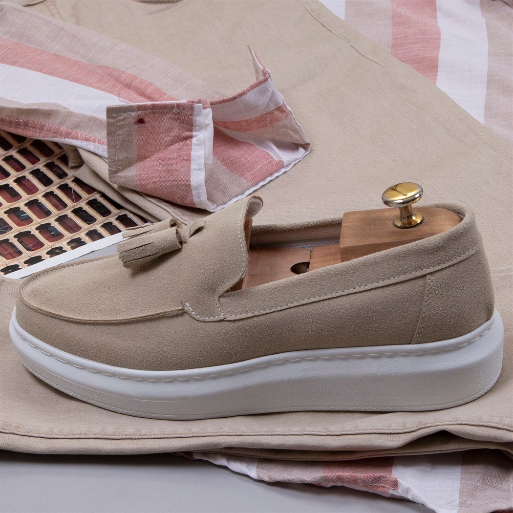 Bej Çizgili Gömlek Pantolon Ayakkabı Kombin