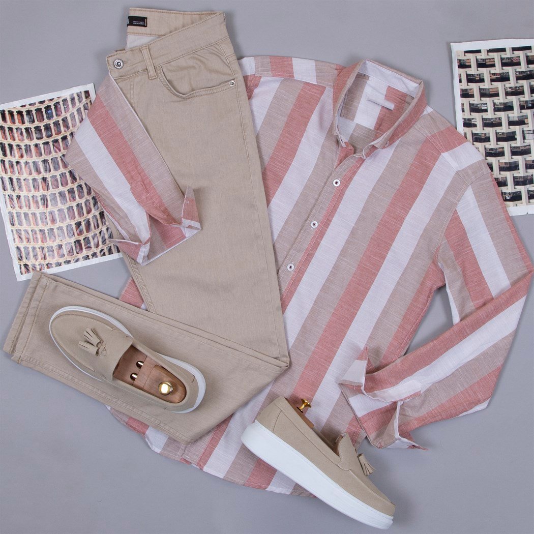 Bej Çizgili Gömlek Pantolon Ayakkabı Kombin