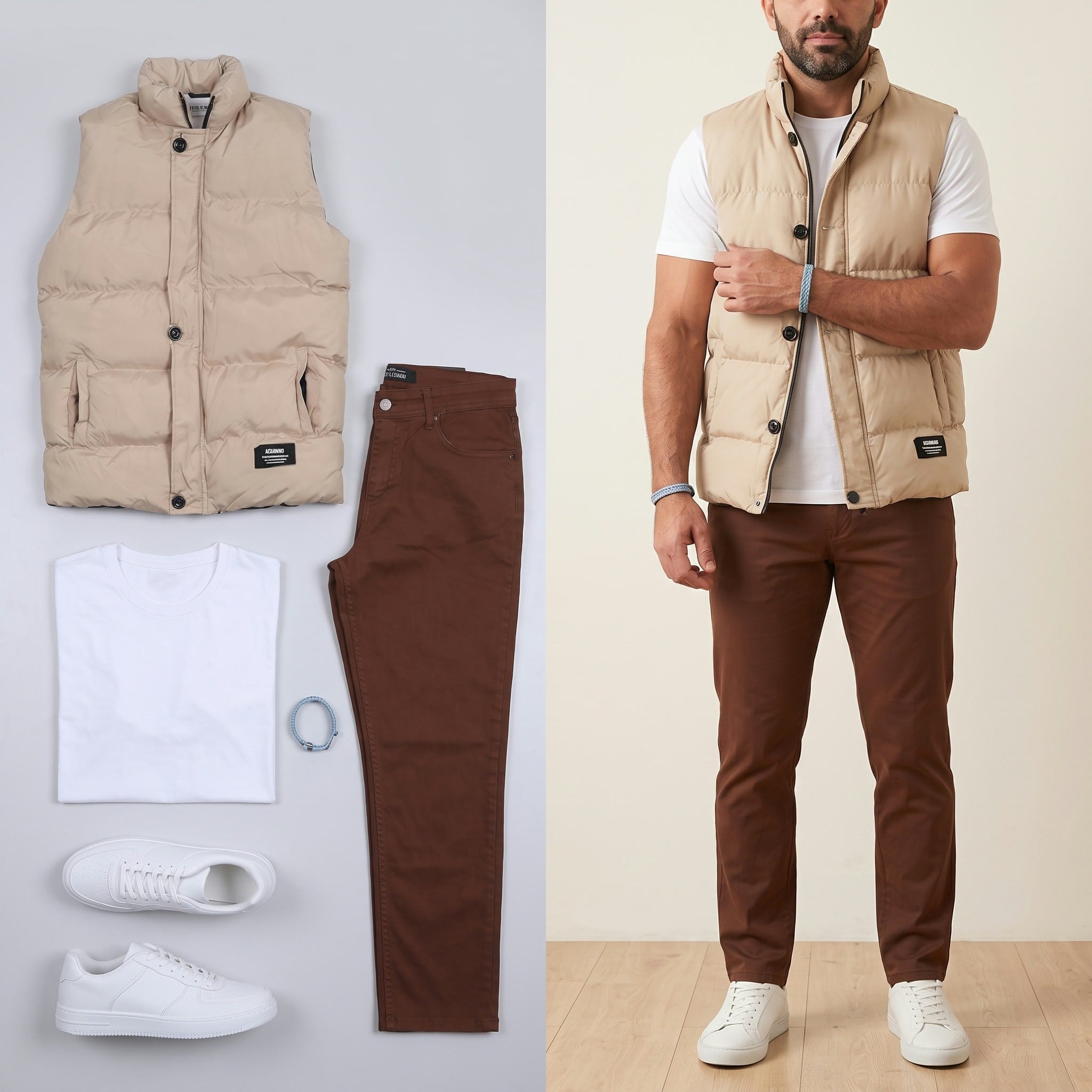 Bej Şişme Yelek Basic Pantolon Ayakkabı Kombin